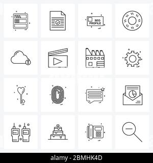 Set of 16 Universal Line Icons of movie, error, web, cloud, eat Vector Illustration Stock Vector