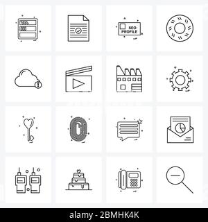 Set of 16 Universal Line Icons of movie, error, web, cloud, eat Vector Illustration Stock Vector