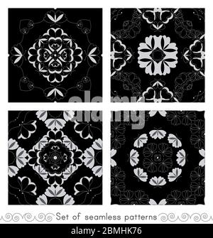 Set of seamless patterns with butterflies and hearts. Color black, white and grey. Vector. Stock Vector