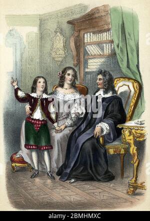 'Representation du jeune Jean-Baptiste de La Salle (1651-1719) avec ses parents' (Portrait of young Jean Baptiste de La Salle with his parents) Lithog Stock Photo