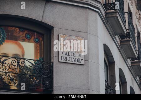 Madrid, Spain - January 26, 2020: Street name sign on Preciados Street ('Calle de Preciados') in Madrid, capital of Spain renowned for its rich reposi Stock Photo