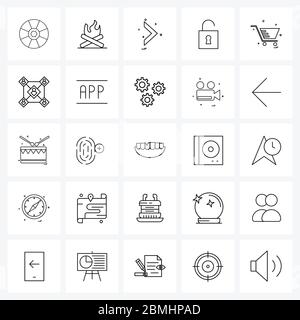 25 Universal Icons Pixel Perfect Symbols of shopping, unlock, campfire, padlock, left Vector Illustration Stock Vector