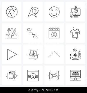 Set of 16 Line Icon Signs and Symbols of firework, beaker, emoji, bulb, computer screen Vector Illustration Stock Vector