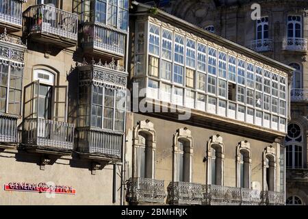 Galician style balcony on Porta Do Sol,Vigo,Galicia,Spain,Europe Stock Photo