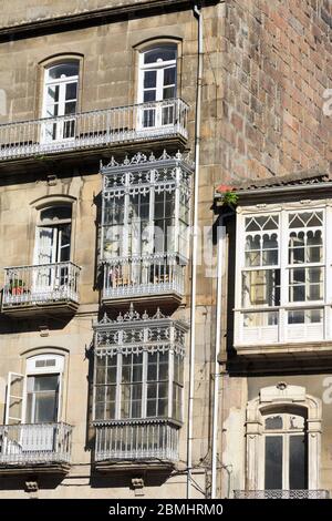 Galician style balcony on Porta Do Sol,Vigo,Galicia,Spain,Europe Stock Photo
