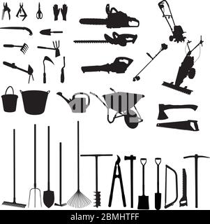 Silhouettes of gardening tools set vector collection Stock Vector