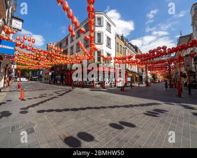 London. UK. May the 6th, 2020. Wide view angle of China Town at Lunch time during the Lockdown. Stock Photo