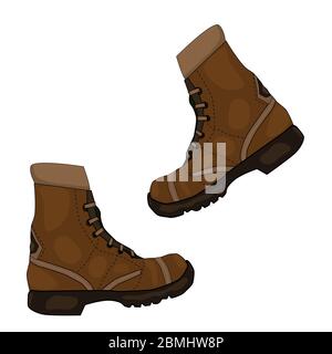 Pair of brown leather shoes isolated on white background. Camping work boots, casual walk footwear pair. Hiking boots. Khaki boot icon. Stock vecto Stock Vector