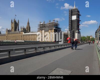 London. UK. May the 4th, 2020 at 9:30am. Wide view angle of Westminster Bridge, Palace of Westminster and Elizabeth Tower during the Lockdown. Stock Photo