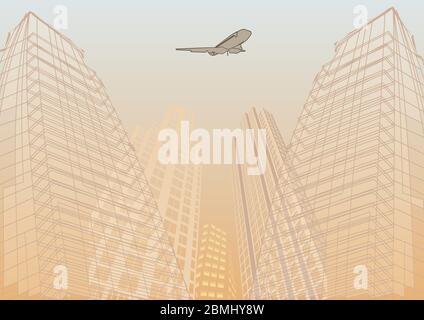 travel by airplane. illustration of airplane flying over sketch of building Stock Vector