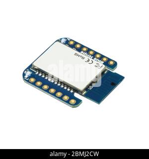 Blue Blue-tooth printed circuit board Module in a close-up view Stock Photo