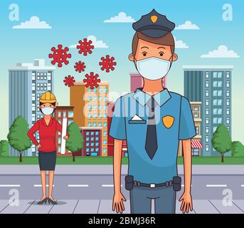 female architect and police using face masks Stock Vector