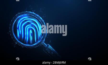 Magnifying glass over fingerprint from lines, triangles, particle, Low poly and wireframe design. Vector illustration Stock Vector