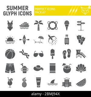 Summer glyph icon set, travel symbols collection, vector sketches, logo illustrations, beach icons, tourism signs solid pictograms package isolated on Stock Vector