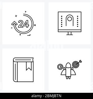 Set of 4 Universal Line Icons of , book, time, gesture, library Vector Illustration Stock Vector