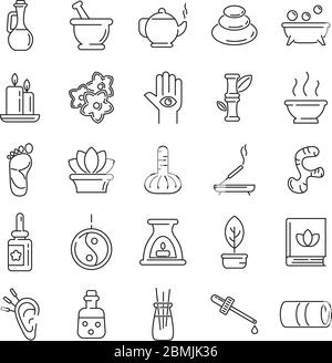 Ayurveda icons set. Outline set of ayurveda vector icons for web design isolated on white background Stock Vector