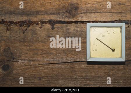 Vintage thermometer hanging on a wooden wall. celsius scale with degrees. indoor temperature measurement Stock Photo