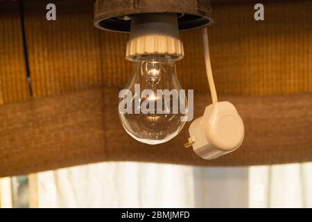 Incandescent lamp. hanging light bulb and electric plug Stock Photo