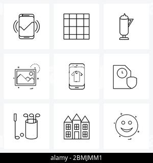 Mobile UI Line Icon Set of 9 Modern Pictograms of online, mobile, food, picture, png Vector Illustration Stock Vector