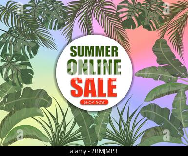 Summer online sale. Banner on the background of palm leaves on all sides and a multi-colored gradient. Shop now. Vector illustration Stock Vector