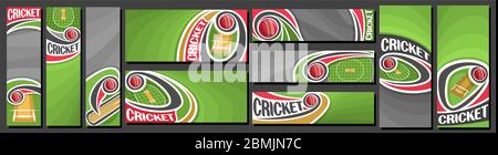 Vector set of Cricket Banners, vertical and horizontal decorative templates for cricket events with illustration of sport field and flying on curve tr Stock Vector
