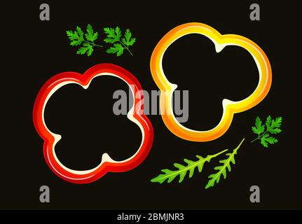 Isolated slices of bell pepper, arugula and parsley, top view. Rings of yellow and red capsicum, fresh pieces of vegetables, healthy organic food. Vec Stock Vector