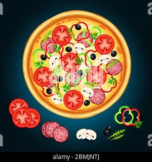 Pizza with tomato, cheese, olive, salami, bell pepper, mushroom, parsley, arugula, realistic ingredients. Banner for Italian pizzeria or takeaway food Stock Vector