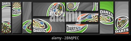 Vector set of Darts Banners, vertical and horizontal decorative art templates for darts events with illustration of dartboard and flying on curve traj Stock Vector