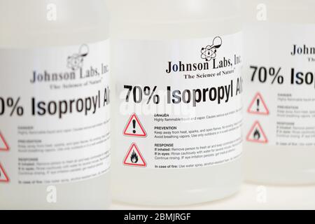 Princeton New Jersey May 9 2020: 70% ISOPROPYL ALCOHOL TECHNICAL GRADE by JOHNSON LABS, 1GALLON Closeup - Image Stock Photo