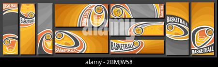 Vector set of Basketball Banners, vertical and horizontal decorative templates for basketball events with illustration of sport court and flying on cu Stock Vector