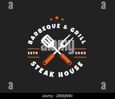 Barbecue and grill logo isolated on black background. Vector emblem for barbecue restaurant or steak house. Stock Vector