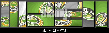 Vector set of Baseball Banners, vertical and horizontal decorative art templates for baseball events with illustration of sport field and flying on cu Stock Vector