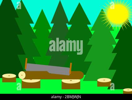 Stumps of trees in the forest sawn with a hand saw. Stock Vector