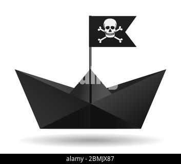 Black paper boat with a pirate flag. White background. Isolated object. Vector Image. Stock Vector