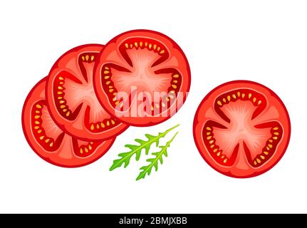 Sliced tomato isolated over white background. Realistic red slices of tomato and arugula leaves. Ripe vegetable, round pieces for salad or other healt Stock Vector