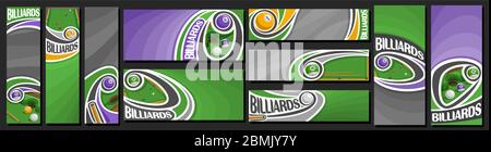 Vector set of Billiards Banners, vertical and horizontal decorative templates for billiard events with illustration of green table and flying on curve Stock Vector