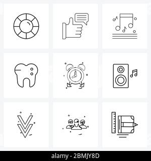 UI Set of 9 Basic Line Icons of time, alarm, musical, teeth, medical Vector Illustration Stock Vector