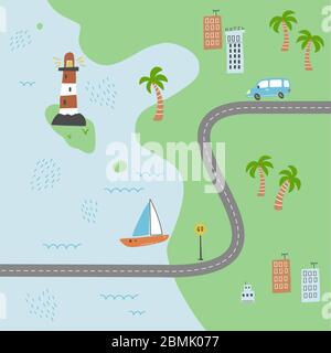 Cartoon cute kids map with car, road, city landscape elements. Cars, building, road of hand drawn, children toy style. Vector illustration. Stock Vector