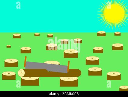 Stumps of trees in the forest sawn with a hand saw. Stock Vector