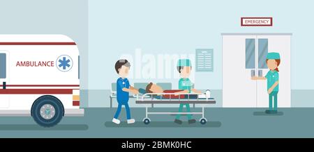 Doctor with injured patient in bed flat design vector illustration Stock Vector