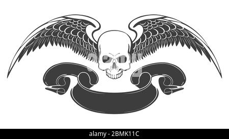 Vintage monochrome logo template with skull and eagle wings with ribbon isolated on white. Vector illustration Stock Vector