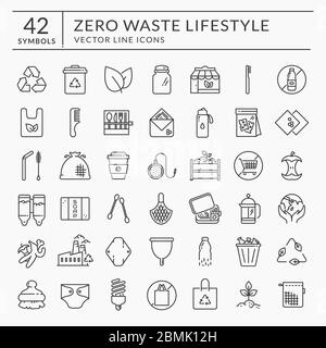 Zero waste line icons. Vector outline symbols isolated on white background. Recycling, reusable items, plastic free, save the Planet and eco lifestyle Stock Vector