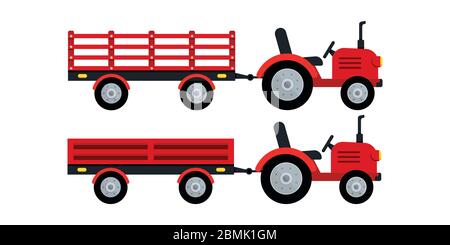 Farmer tractor with trailer icon set isolated on white background. Stock Vector