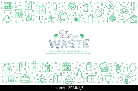 Zero waste web banner with green line icons isolated on white background. Recycling, plastic free, save the Planet themes. Vector horizontal template. Stock Vector