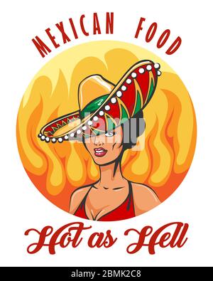 Mexican Food with Pretty Woman in Sombrero hat drawn in Retro style. Vector illustration. Stock Vector