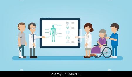 Health check concept with doctor and digital tablet display flat design vector illustration Stock Vector