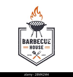 Barbecue house logo isolated on white background. Retro emblem with grill. Vector badge for BBQ restaurant. Stock Vector