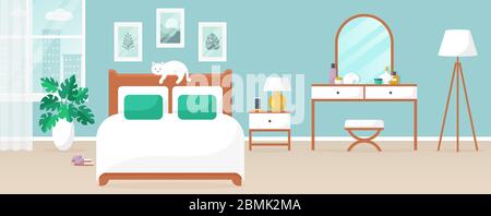 Bedroom interior. Vector design of a cozy room with double bed, bedside table, dressing table, window, and cute cat. Home. Horizontal flat banner. Stock Vector