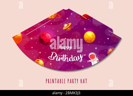 Party hats printable. Space party. Print and cut. Happy birthday elements. Vector set of cones template to head for holiday. Stock Vector