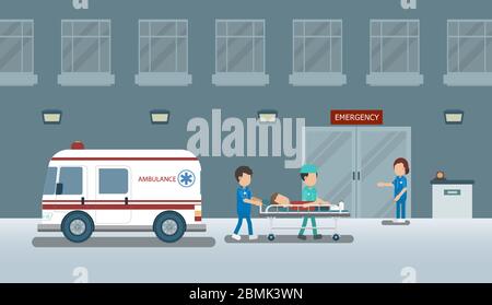 Doctor with injured patient in bed flat design vector illustration Stock Vector